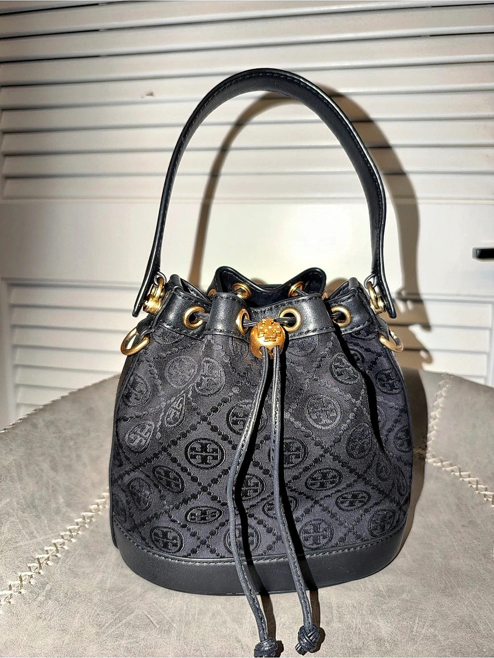 Tory Burch T Monogram Jacquard Bucket Bag Black